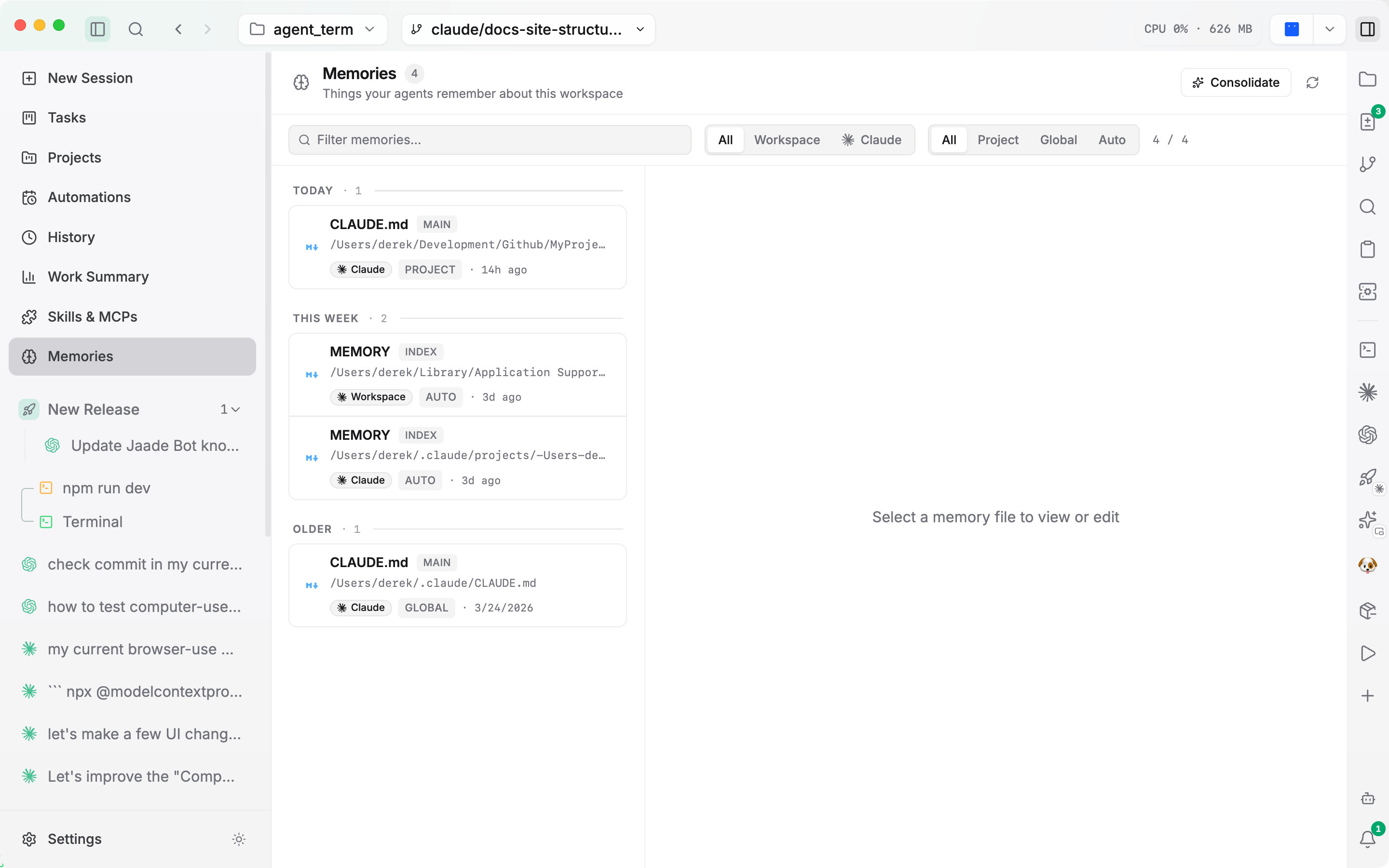 The Memories view: shared workspace memory and per-agent stores.