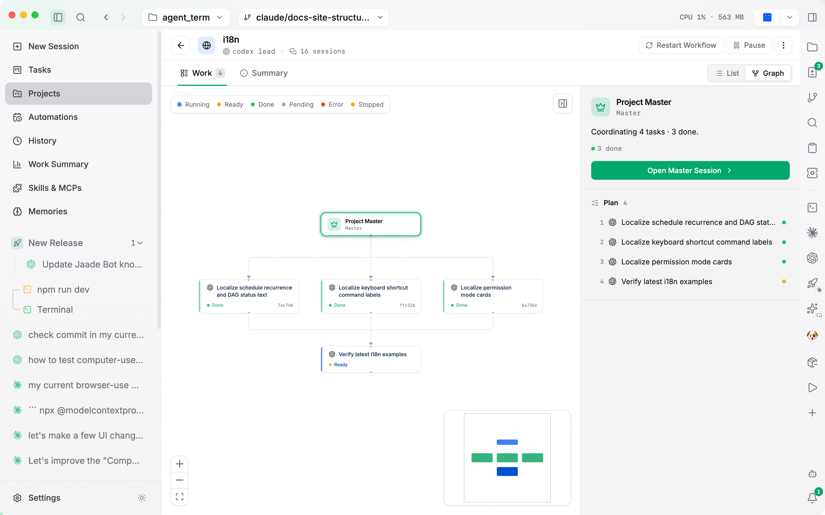 A project's Work tab showing the Task DAG in graph view.