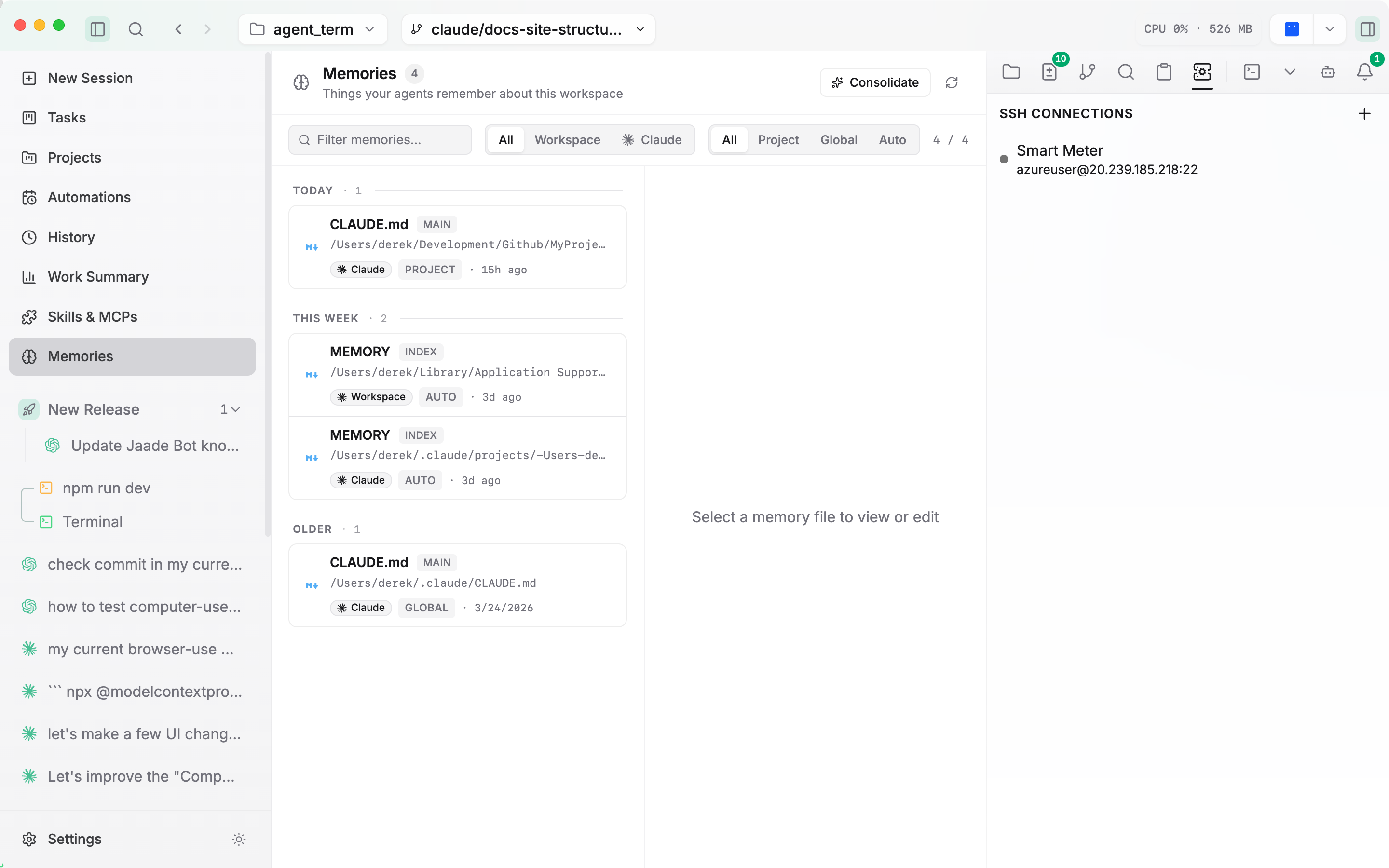 The SSH Connections panel with a remote terminal open.