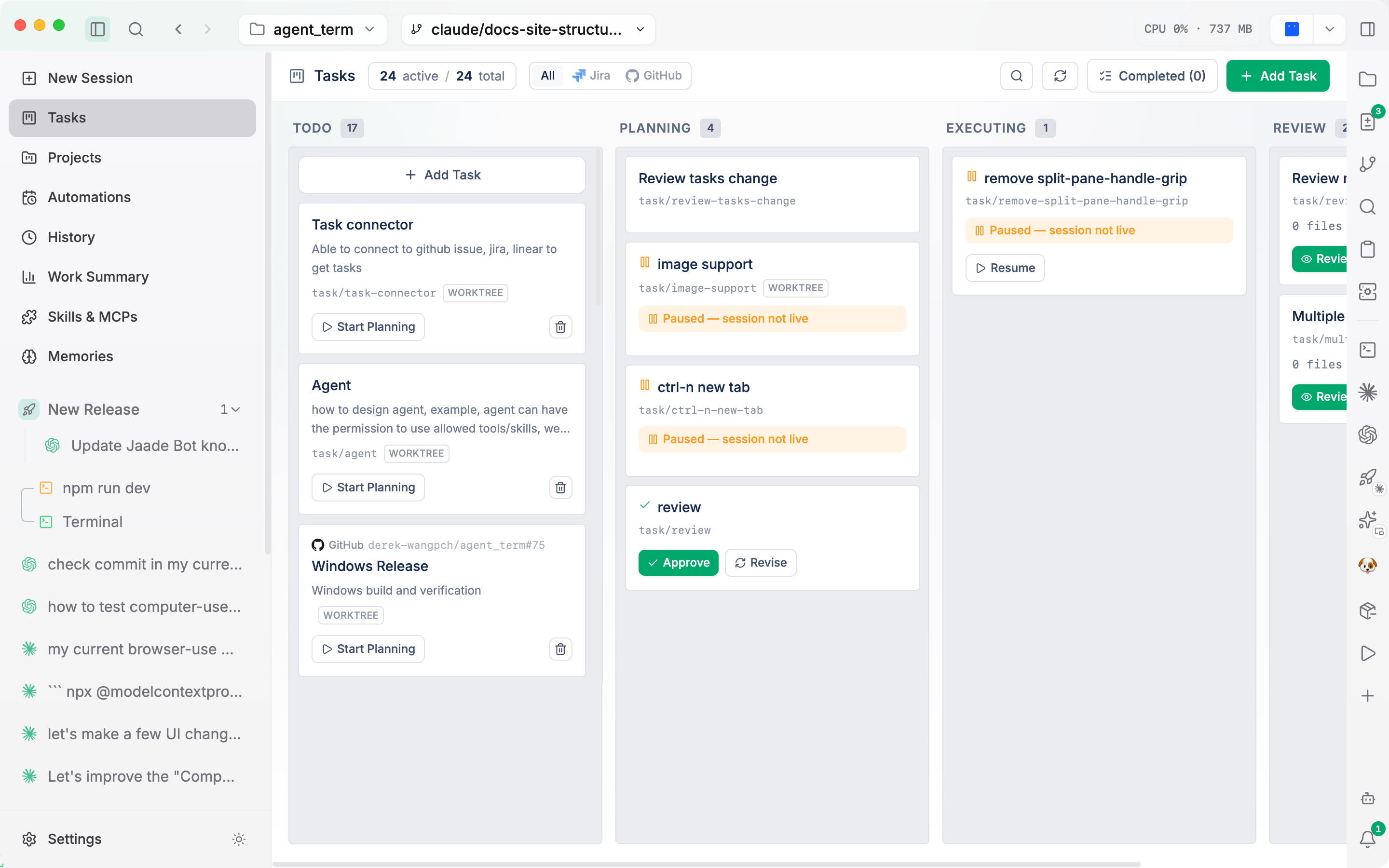 The Task Board with tasks across the Planning, Executing, and Review columns.