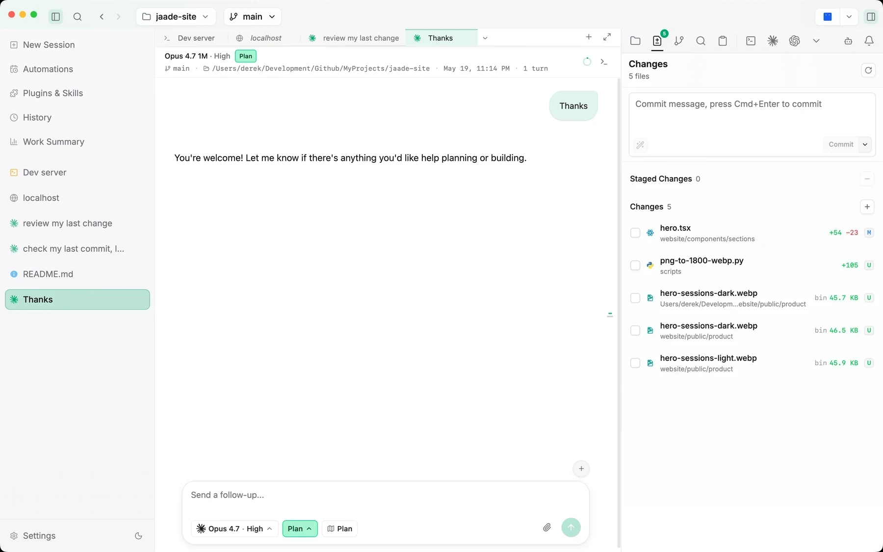 Jaade active session with left navigation, session tabs, command bar, and a right Changes pane showing commit controls and changed files